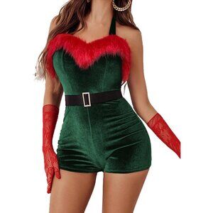 Womens Sexy Santa Costume Velvet Romper Christmas  Bodysuit Lingerie with Belt